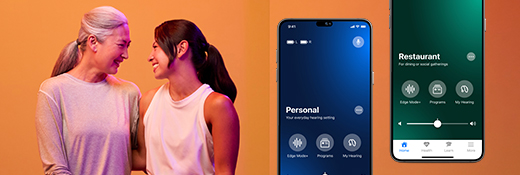 Image of two women and both a "personal" and "restaurant" hearing aid program on My Starkey