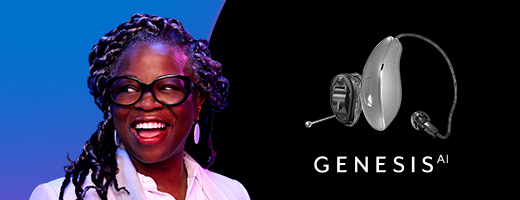 Image of smiling senior woman beside Genesis AI standard and custom hearing aids