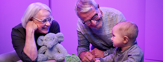 Image of senior couple enjoying time with their infant grandchild